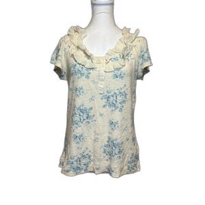 Lauren Ralph Lauren Floral Cream Ruffle Short Sleeve Blouse Top Womens Shirt